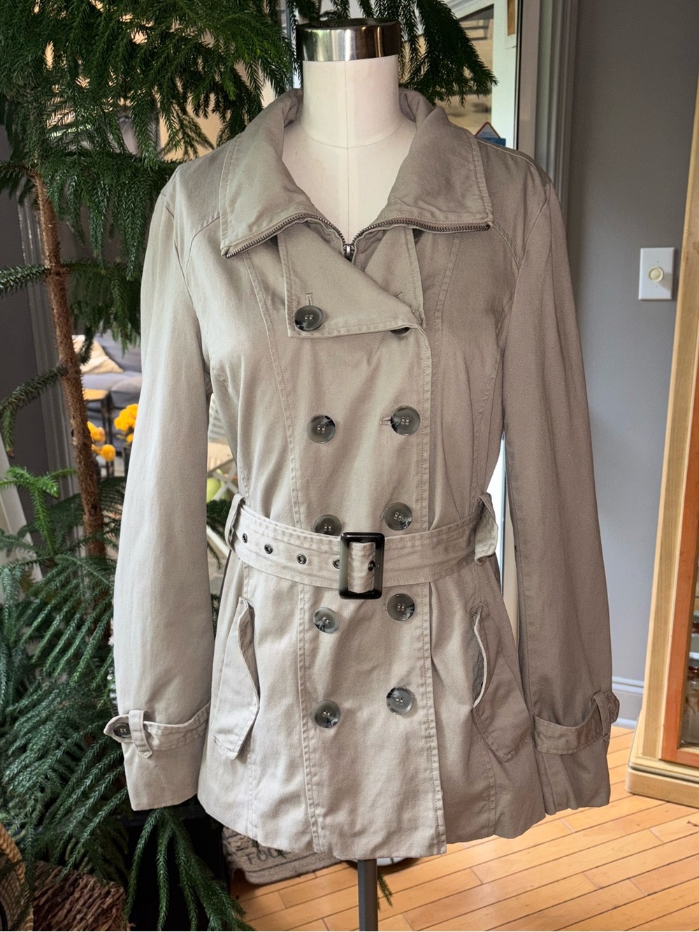 Kenneth Cole Double-Breasted Trench Coat with Zipper and Belt in Beige-Taupe
